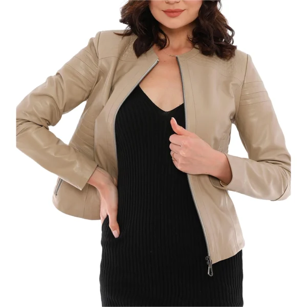 Phoebe Beige Moto Leather Jacket - Image 2