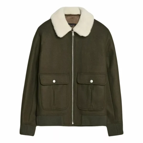 Mens Wool Blend Bomber Jacket With Shearling Collar