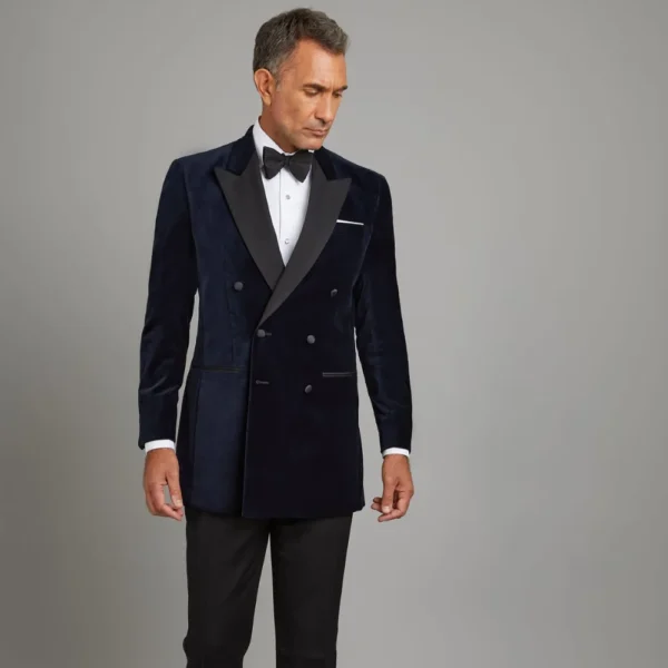 Hardnett Mens Double-Breasted Blue Velvet Tuxedo with Peak Lapel