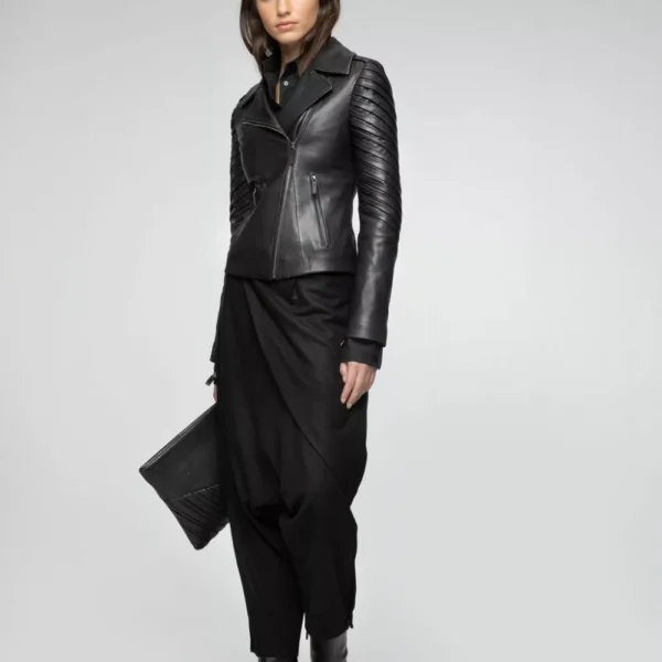 Women’s Modern Asymmetrical Black Biker Leather Jacket - Image 3