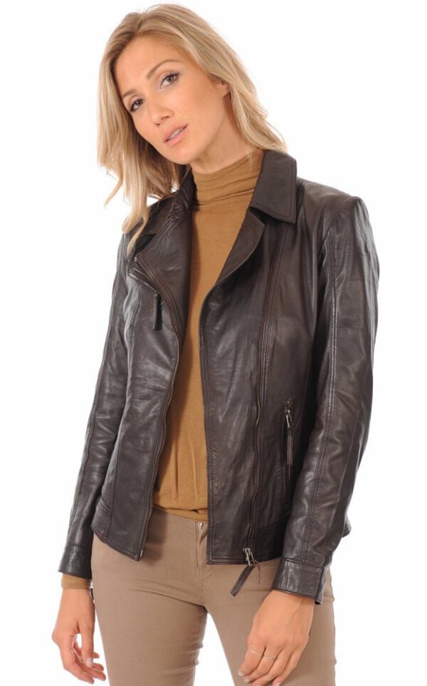 Express Your Individual Style: Explore The Elegance Of A Brown Lambskin Leather Biker Jacket For Women - Image 2