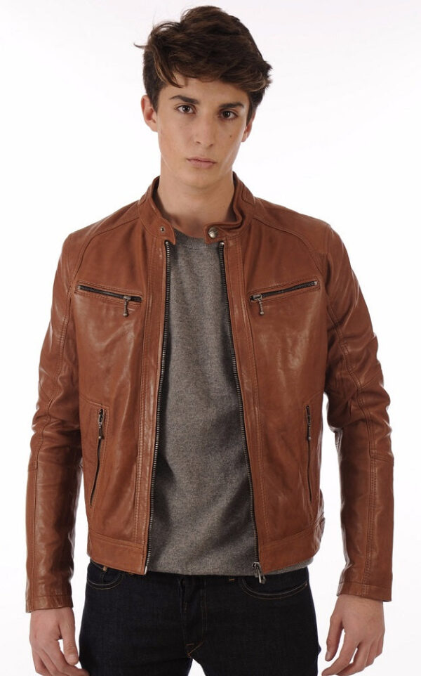 Elevate Your Look With Effortless Edge: Explore Our Premium Tan Men’s Real Lambskin Biker Jacket - Image 2