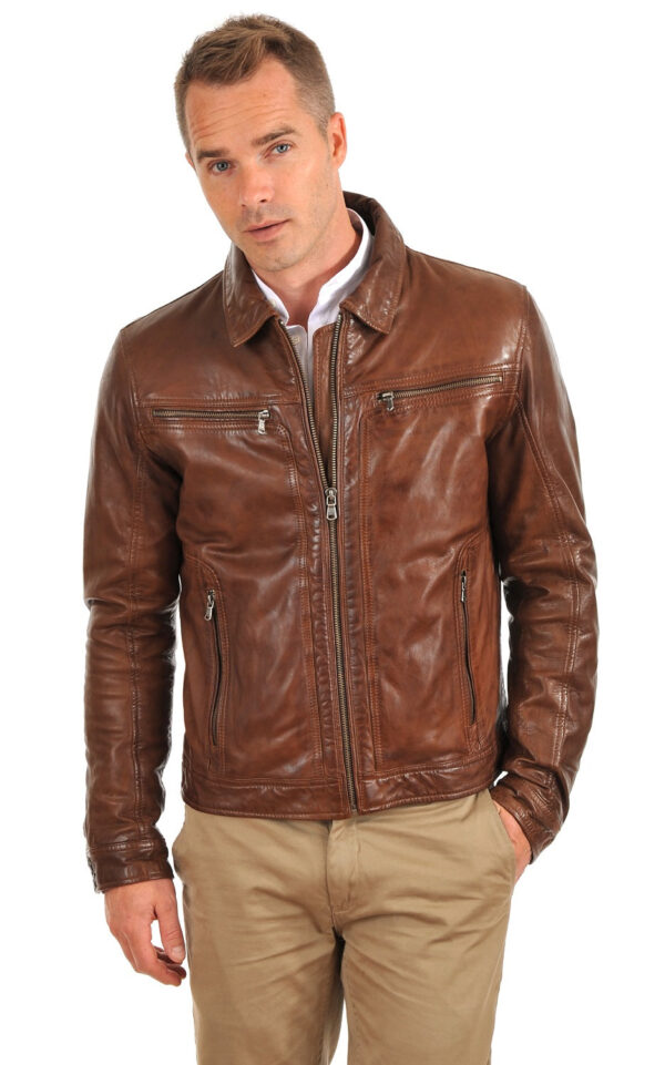 Experience Timeless Luxury And Freedom: The Classic Men’s Waxed Brown Lambskin Leather Biker Jacket - Image 3