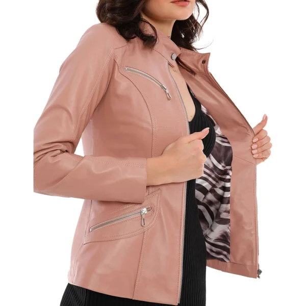 Freya Pink Leather Moto Leather Jacket - Image 3
