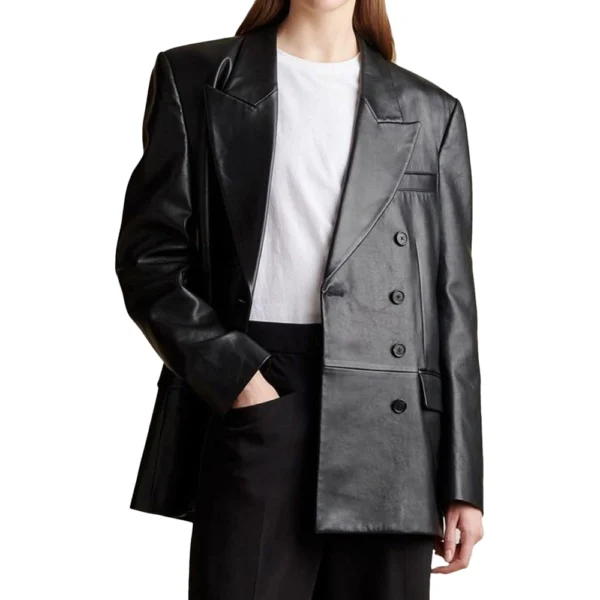 Double Breasted Black Leather Blazer For Women - Image 2