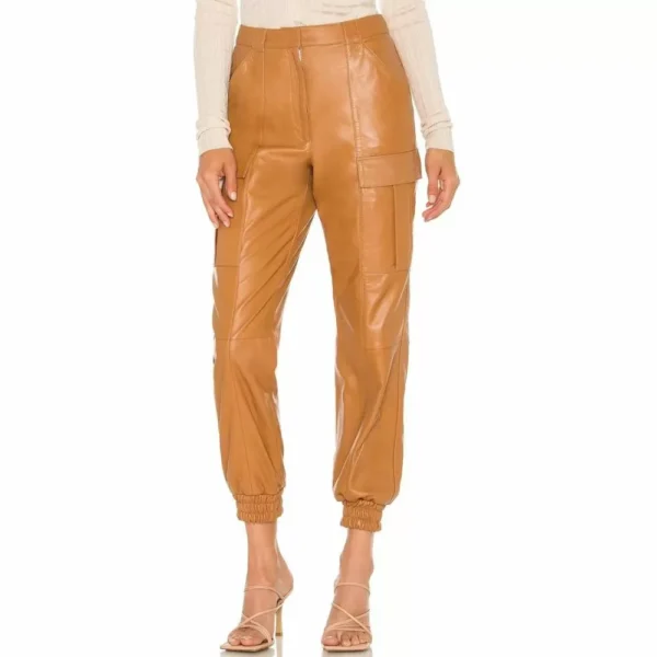 Tan Color Leather Capri Pants For Women - Image 2