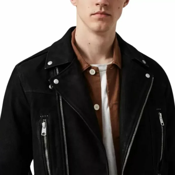 Mens Black Leather Suede Biker Jacket - Image 4