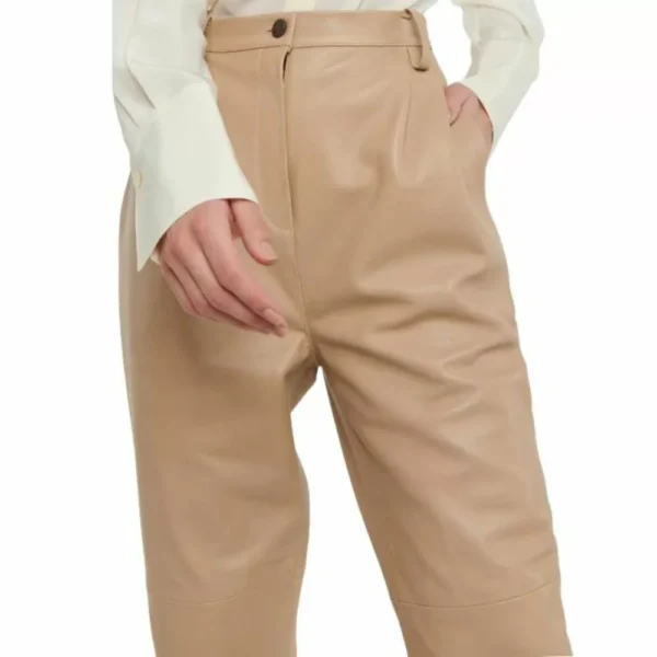 Premium Beige Leather Pants Women - Image 2