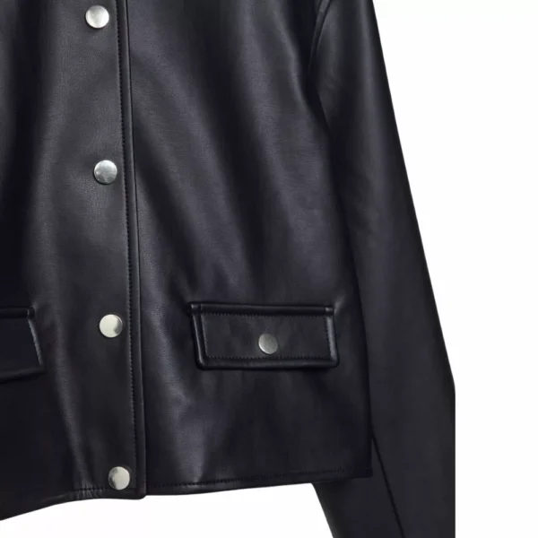 Women Black Laybin Collarless Crop Leather Jacket - Image 2
