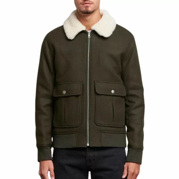 Mens Wool Blend Bomber Jacket With Shearling Collar - Image 2
