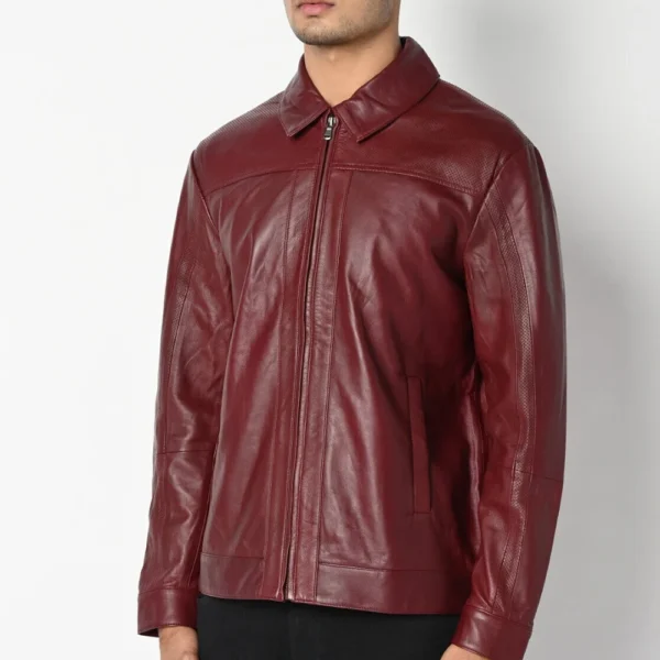 Mens Plain Red Leather Jacket - Image 2