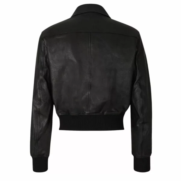 Women’s Black Leather Bomber Moto Jacket - Image 2