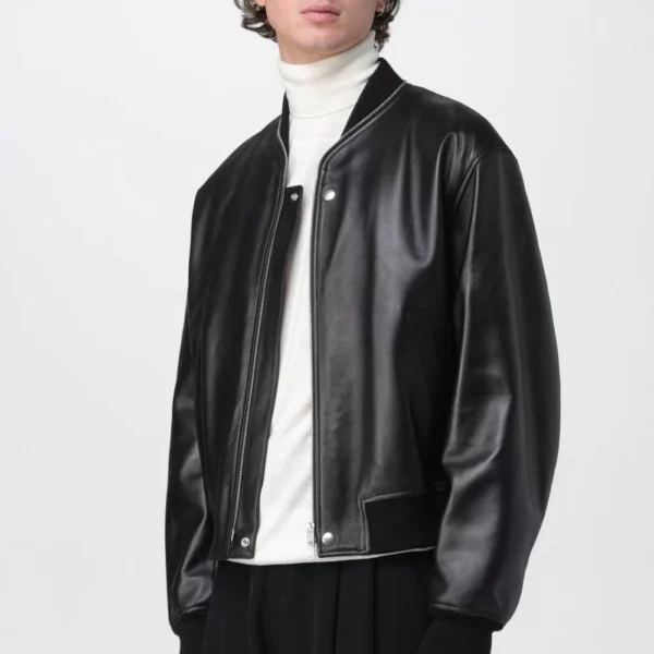 Black Zip Up Bomber Leather Jacket for Men - Image 3