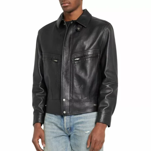 Mens Classic Black Bomber Jacket In Leather - Image 2