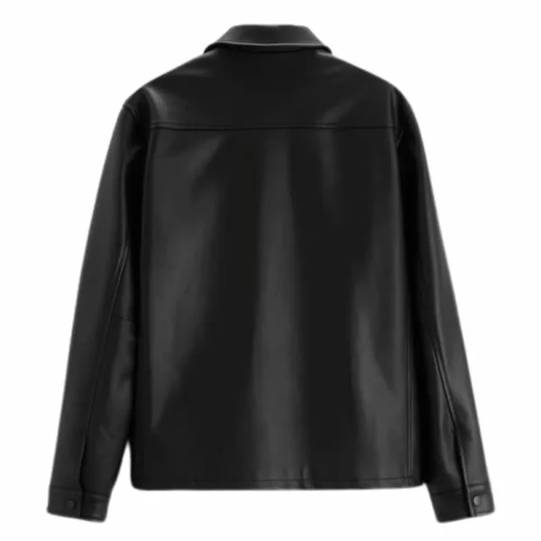 Mens Black Shirt Collar Leather Jacket - Image 2