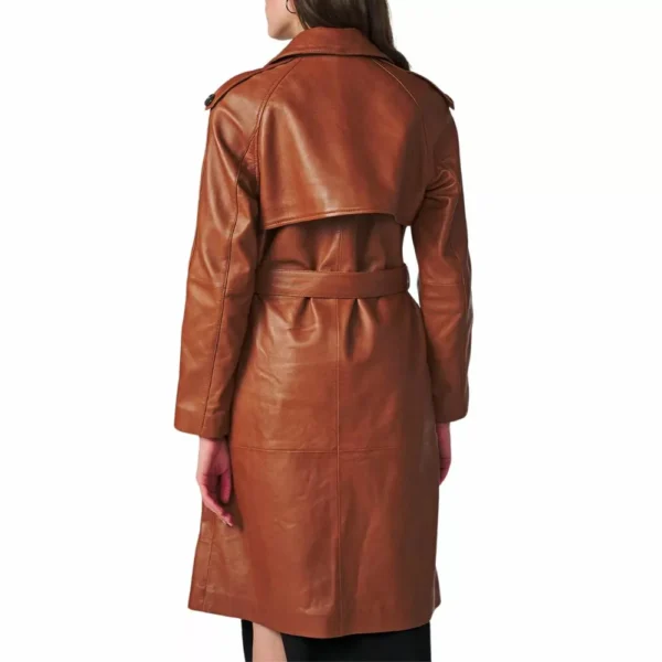 Genuine Brown Leather Trench Coat For Women - Image 2