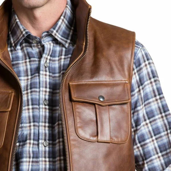 Mens Motorcycle Brown Leather Vest - Image 2