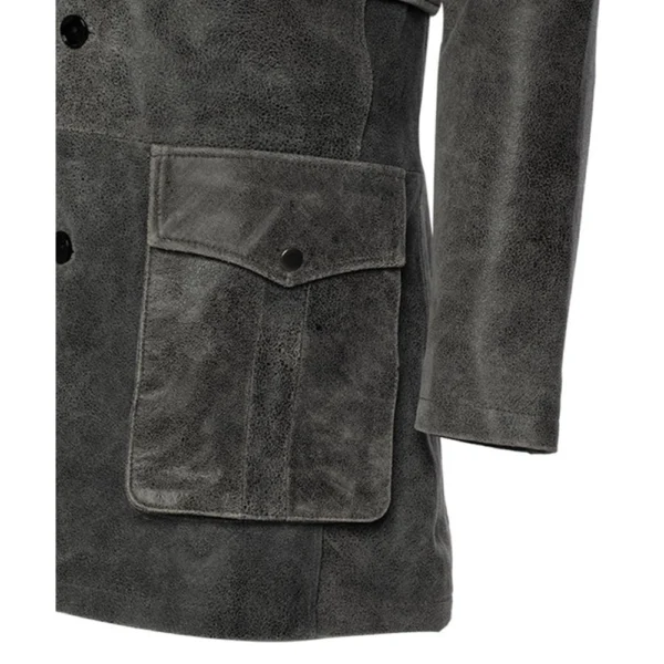 Vintage Grey Leather Coat For Men - Image 6