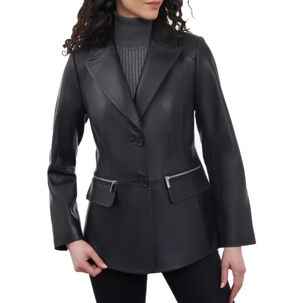 Women’s Black Blazer Coat In  Leather - Image 2