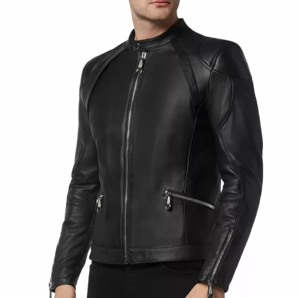 Mens Black Moto Leather Jacket - Image 3