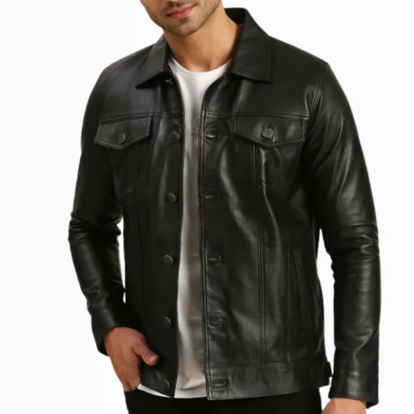 Alex Black Real Leather Trucker Jacket - Image 3
