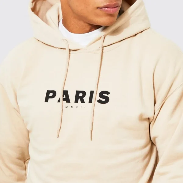 Mens Beige Fleece Pullover Hoodie - Image 3