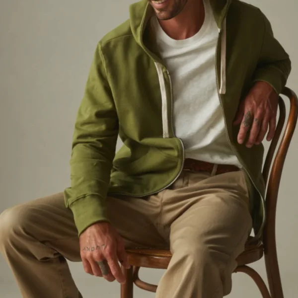 Mens Moss Green Zipper Hoodie - Image 4