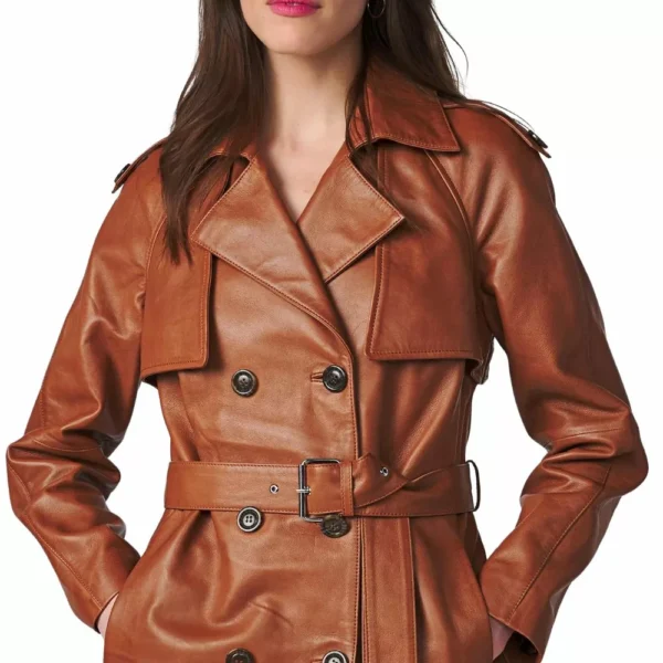 Genuine Brown Leather Trench Coat For Women - Image 3