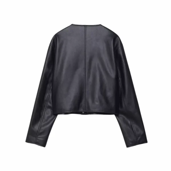 Women Black Laybin Collarless Crop Leather Jacket - Image 3