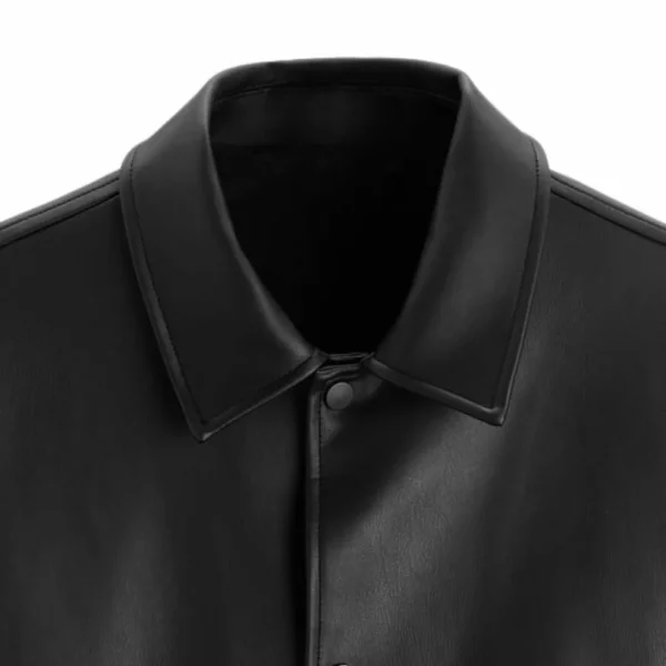 Mens Black Shirt Collar Leather Jacket - Image 3