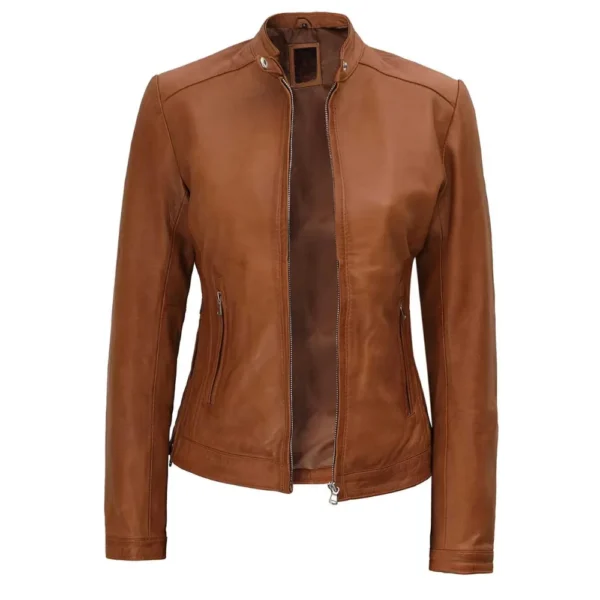 Women Brown Biker Leather Jacket - Image 3