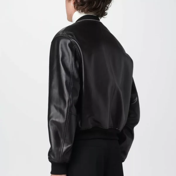 Black Zip Up Bomber Leather Jacket for Men - Image 2