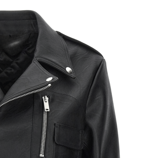 Womens Black Cropped Leather Biker Jacket - Image 3
