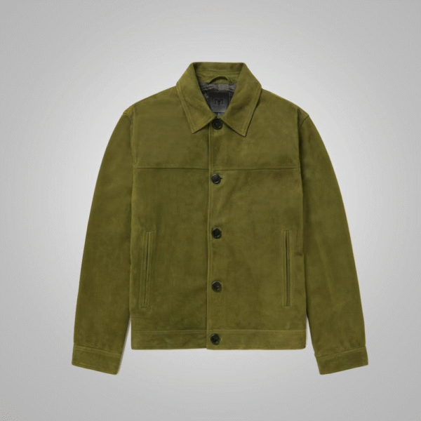 Men’s Green Real Suede Leather Trucker Jacket - Image 3