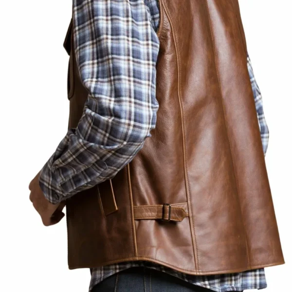 Mens Motorcycle Brown Leather Vest - Image 3