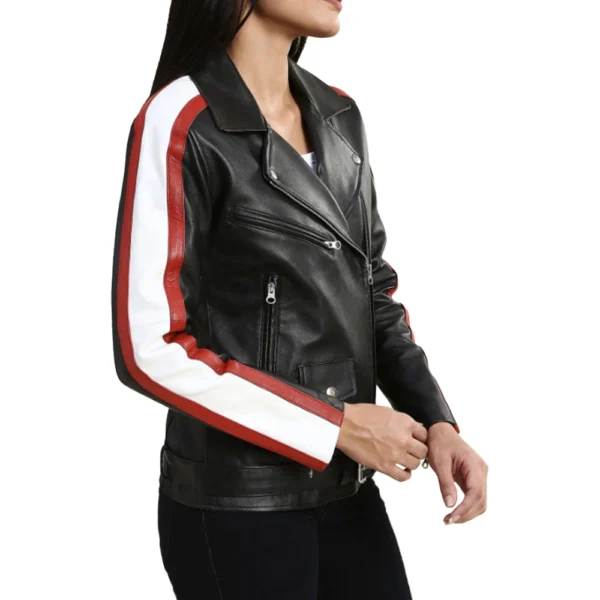 Womens Biker Black Leather Jacket With Stiped Sleeves - Image 3