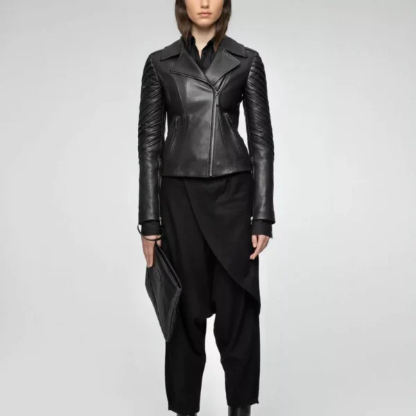 Women’s Modern Asymmetrical Black Biker Leather Jacket - Image 2