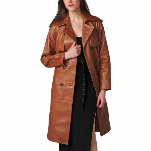 Genuine Brown Leather Trench Coat For Women - Image 4