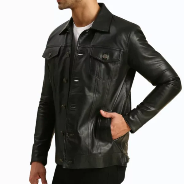 Alex Black Real Leather Trucker Jacket - Image 4