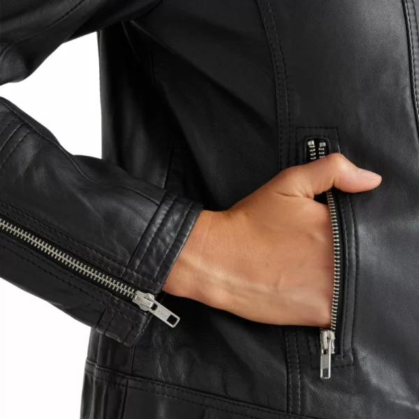 Womens Black Cafe Racer Jacket With Quilted Shoulder - Image 3