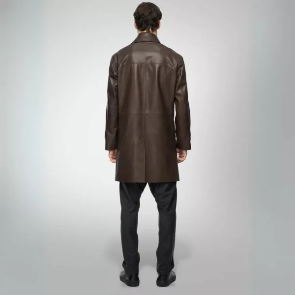 Men’s Notch Lapel Brown Midi Leather Coat - Image 5