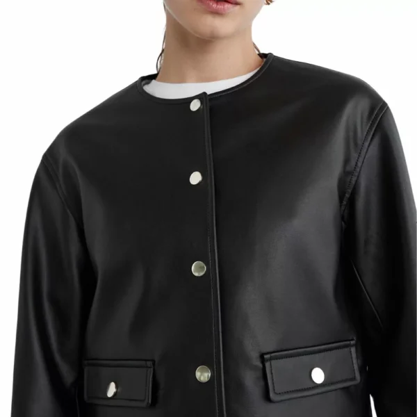 Women Black Laybin Collarless Crop Leather Jacket - Image 4