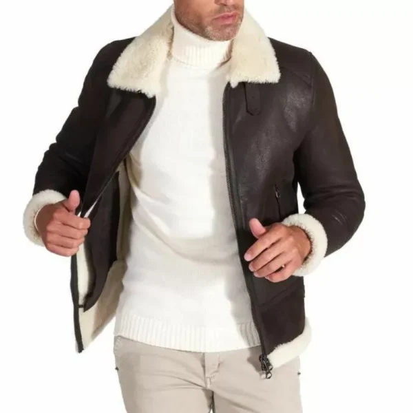 Mens Brown Aviator Jacket With Shearling Collar - Image 4