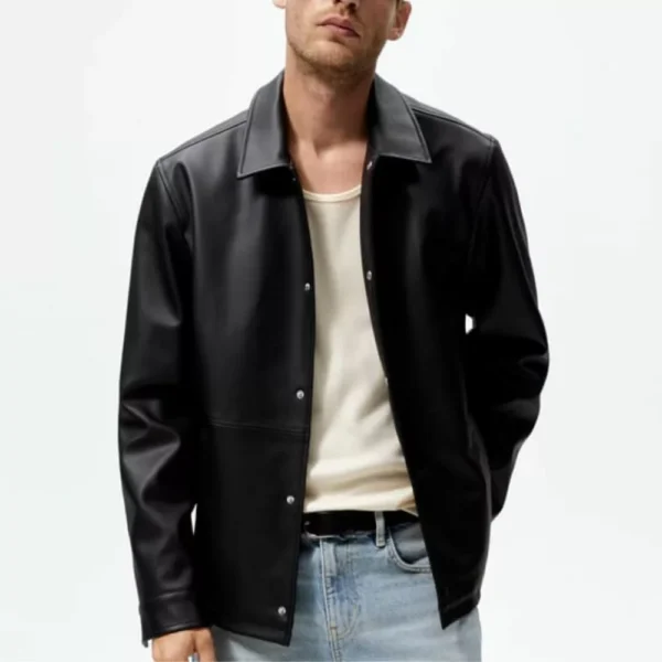 Mens Black Shirt Collar Leather Jacket - Image 4