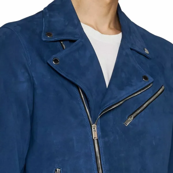 Mens Blue Suede Biker Leather Jacket - Image 3