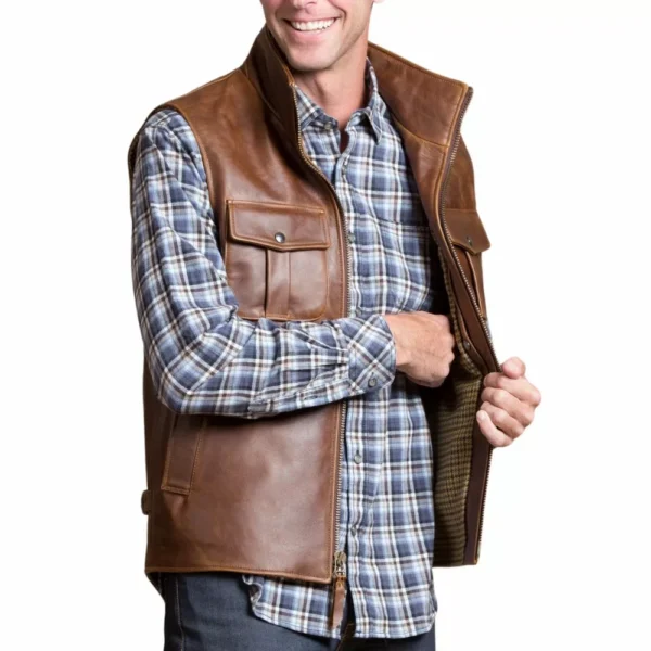 Mens Motorcycle Brown Leather Vest - Image 4
