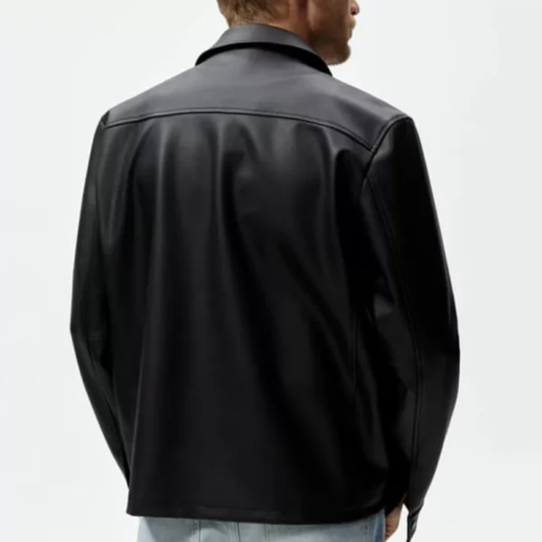 Mens Black Shirt Collar Leather Jacket - Image 5