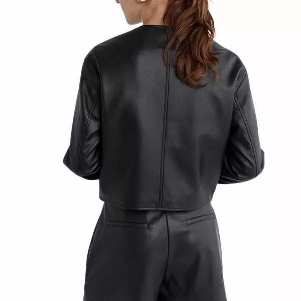 Women Black Laybin Collarless Crop Leather Jacket - Image 5