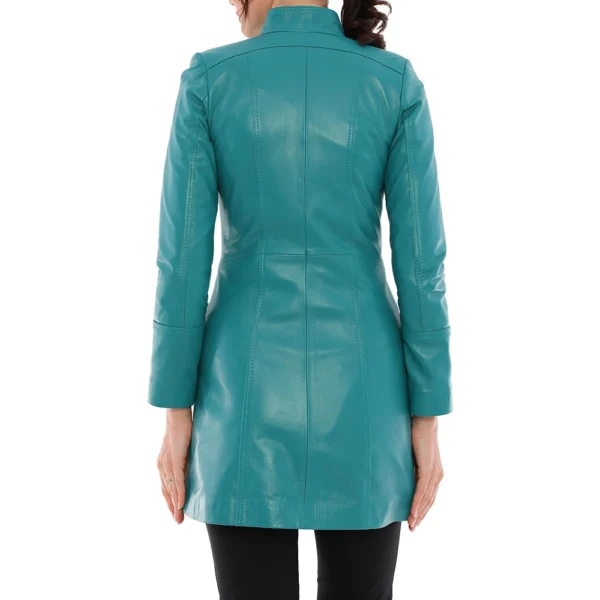 Ailsa Turquoise Blue Leather Trench Coat - Image 6