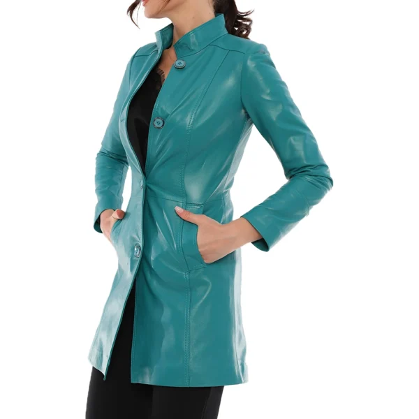 Ailsa Turquoise Blue Leather Trench Coat - Image 3